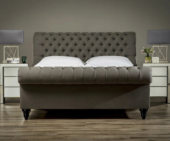 Stanhope Studded Chesterfield Sleigh Bed | Optional Ottoman Storage Bed | The Bed Store